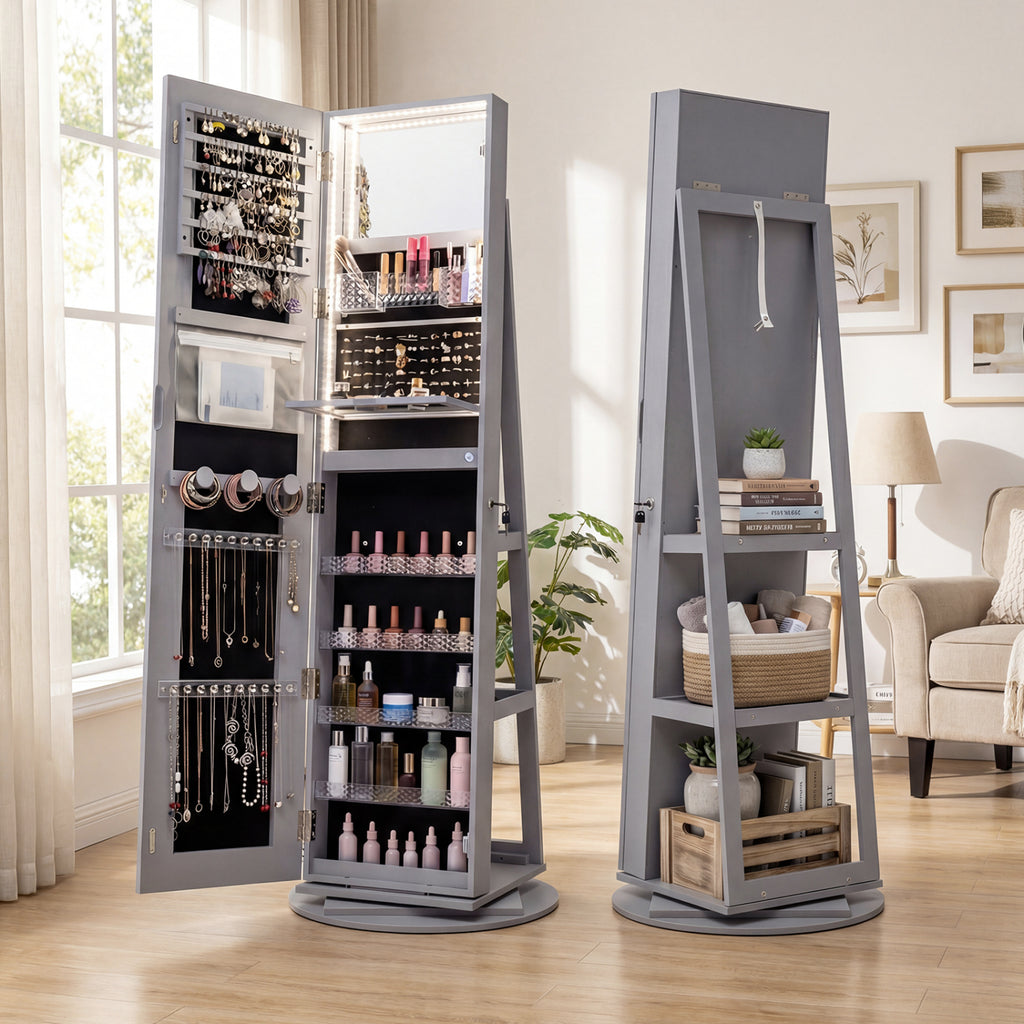 Standing Jewelry Cabinet with LED Mirror and Lock - Gray