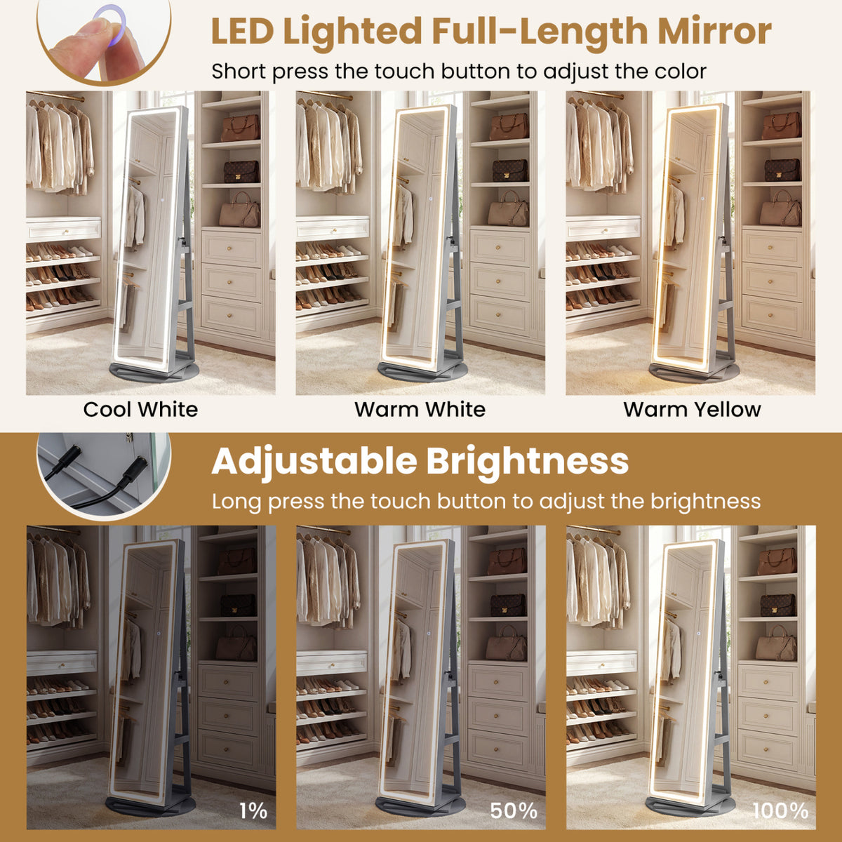 Standing Jewelry Cabinet with LED Mirror and Lock - Gray
