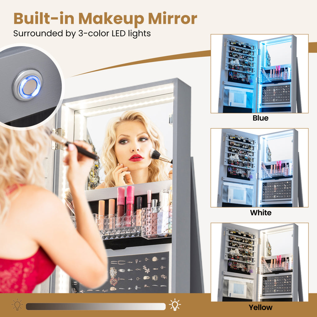 Standing Jewelry Cabinet with LED Mirror and Lock - Gray