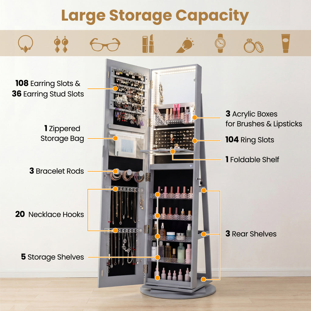 Standing Jewelry Cabinet with LED Mirror and Lock - Gray