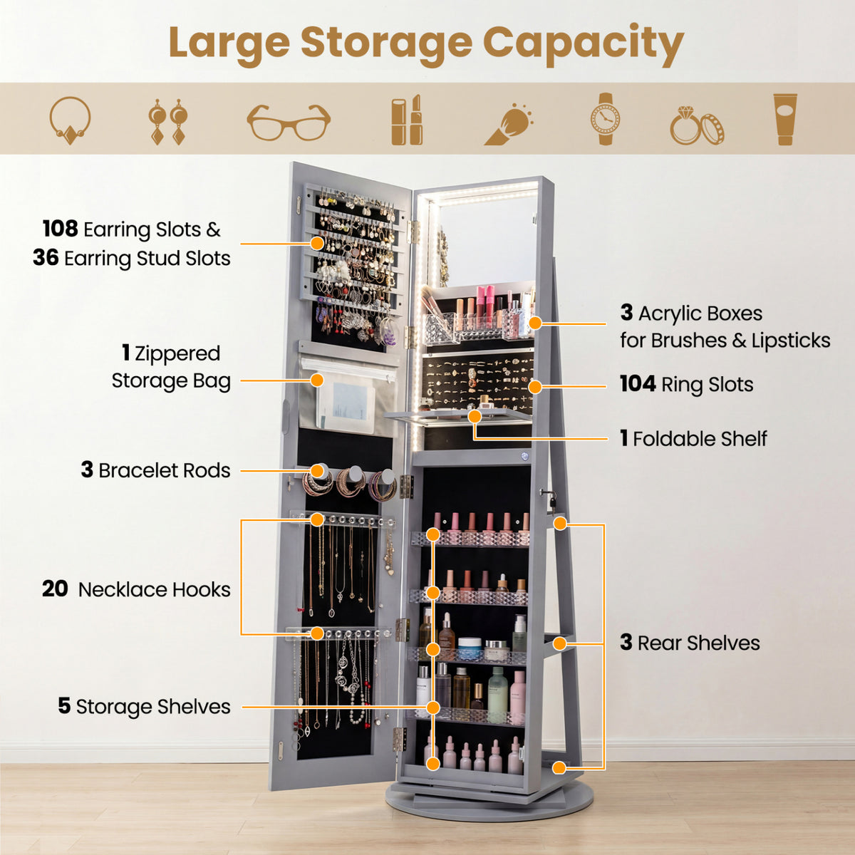 Standing Jewelry Cabinet with LED Mirror and Lock - Gray