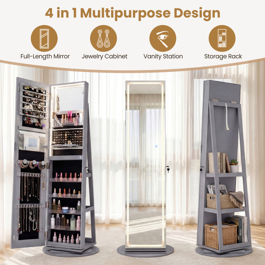 Standing Jewelry Cabinet with LED Mirror and Lock - Gray