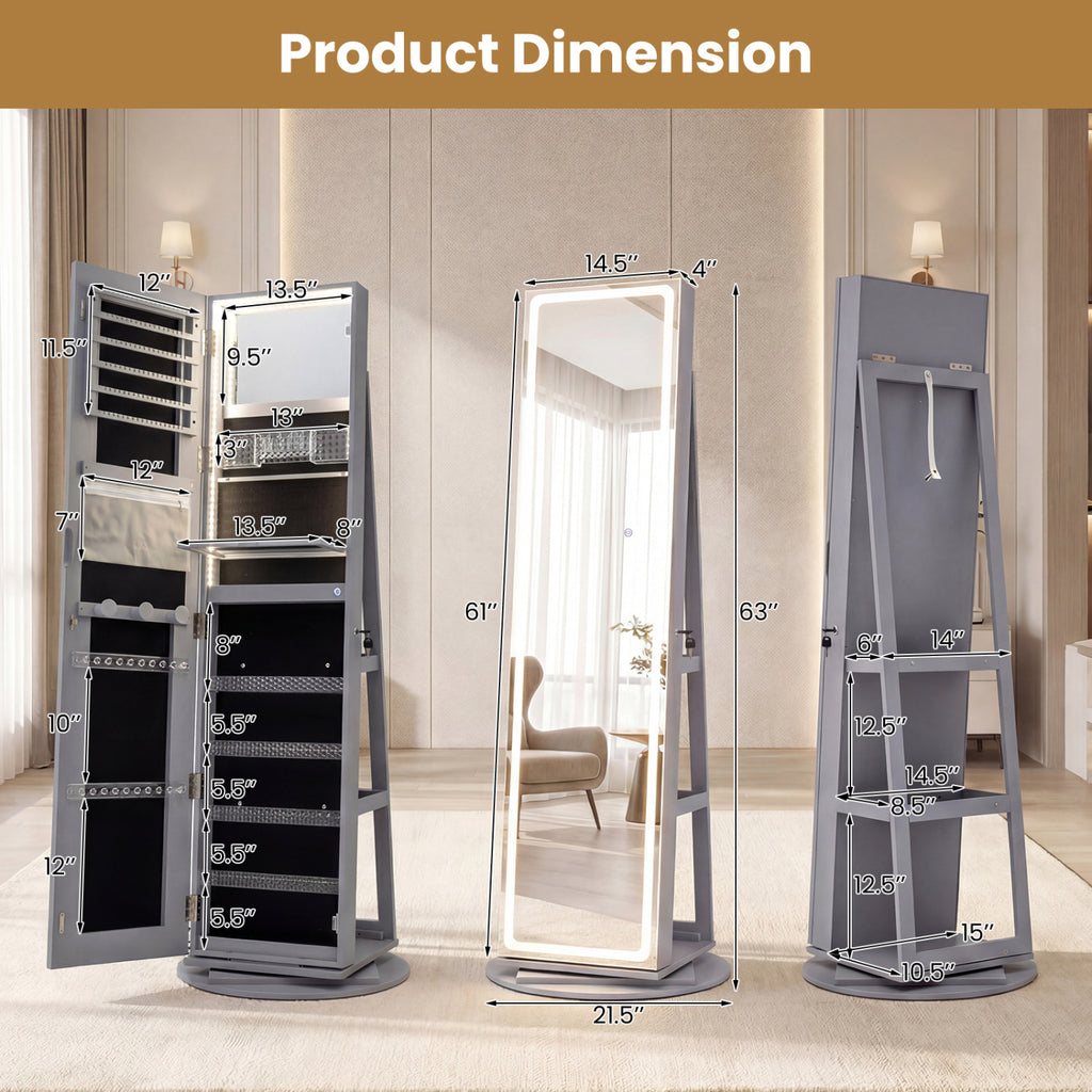 Standing Jewelry Cabinet with LED Mirror and Lock - Gray