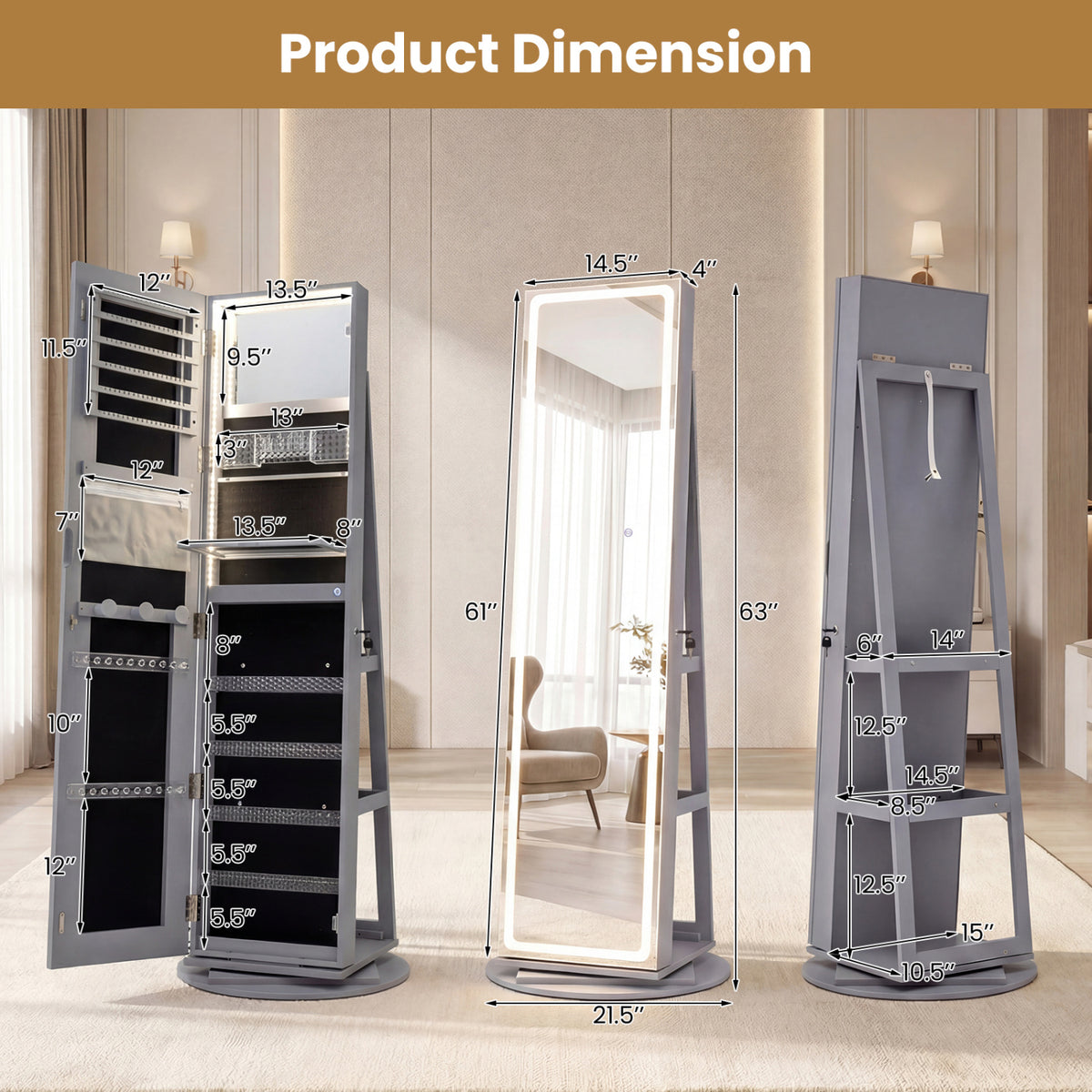 Standing Jewelry Cabinet with LED Mirror and Lock - Gray