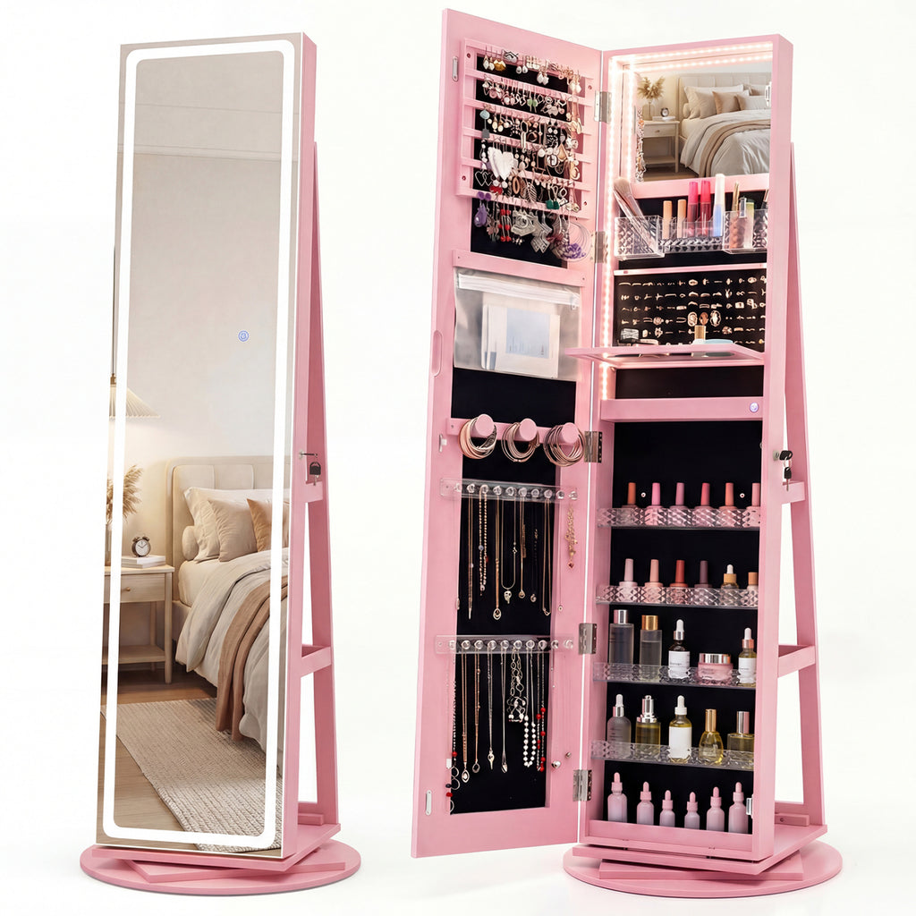 Standing Jewelry Cabinet with LED Mirror - Pink