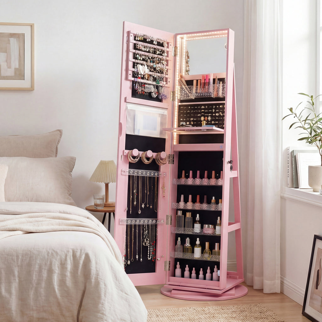 Standing Jewelry Cabinet with LED Mirror - Pink