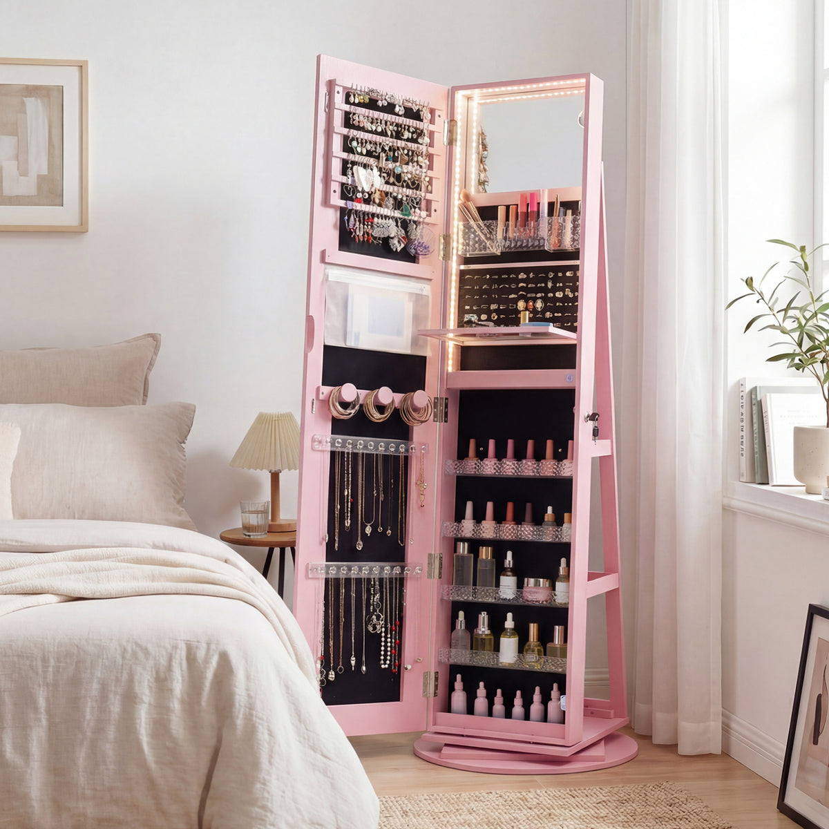 Standing Jewelry Cabinet with LED Mirror - Pink