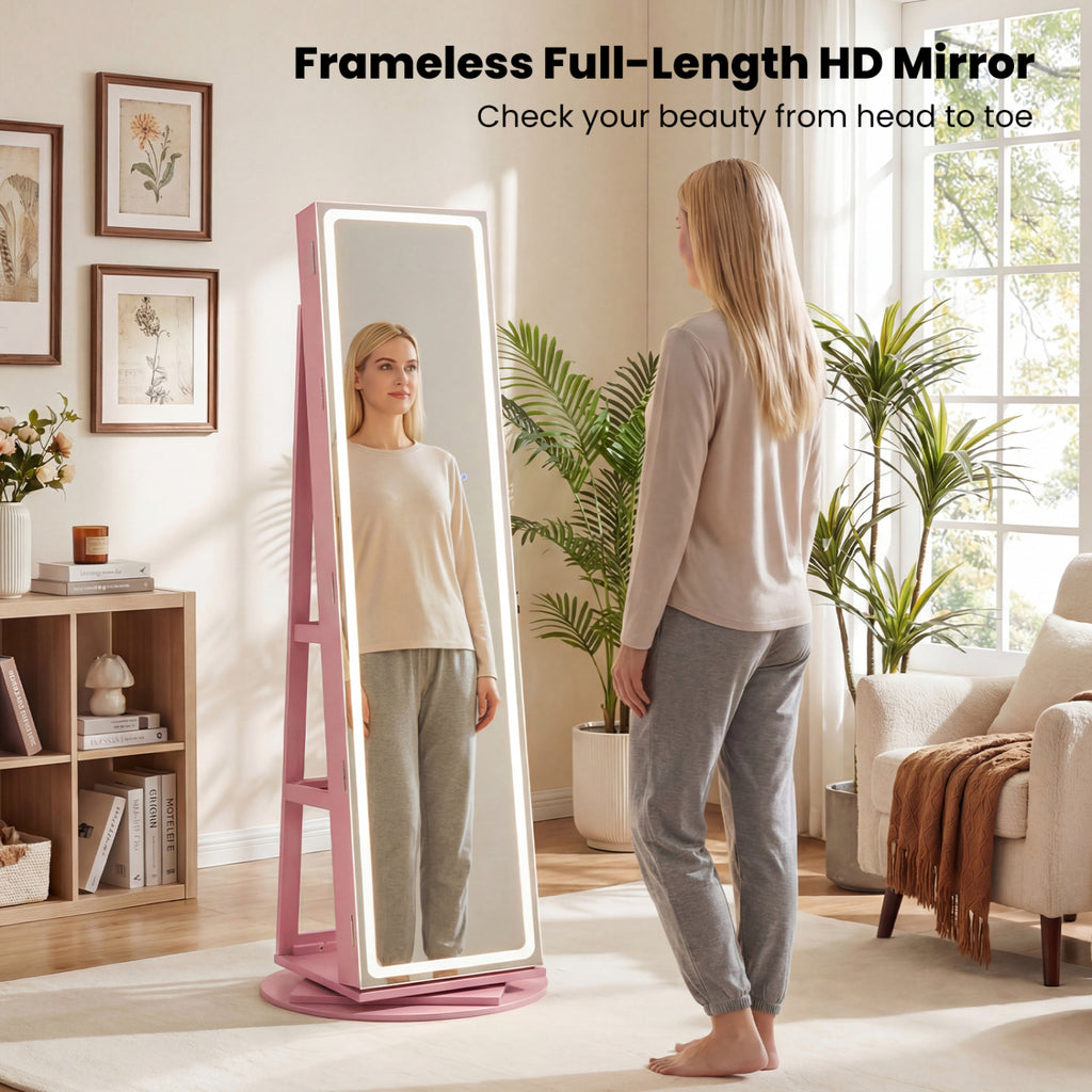 Standing Jewelry Cabinet with LED Mirror - Pink