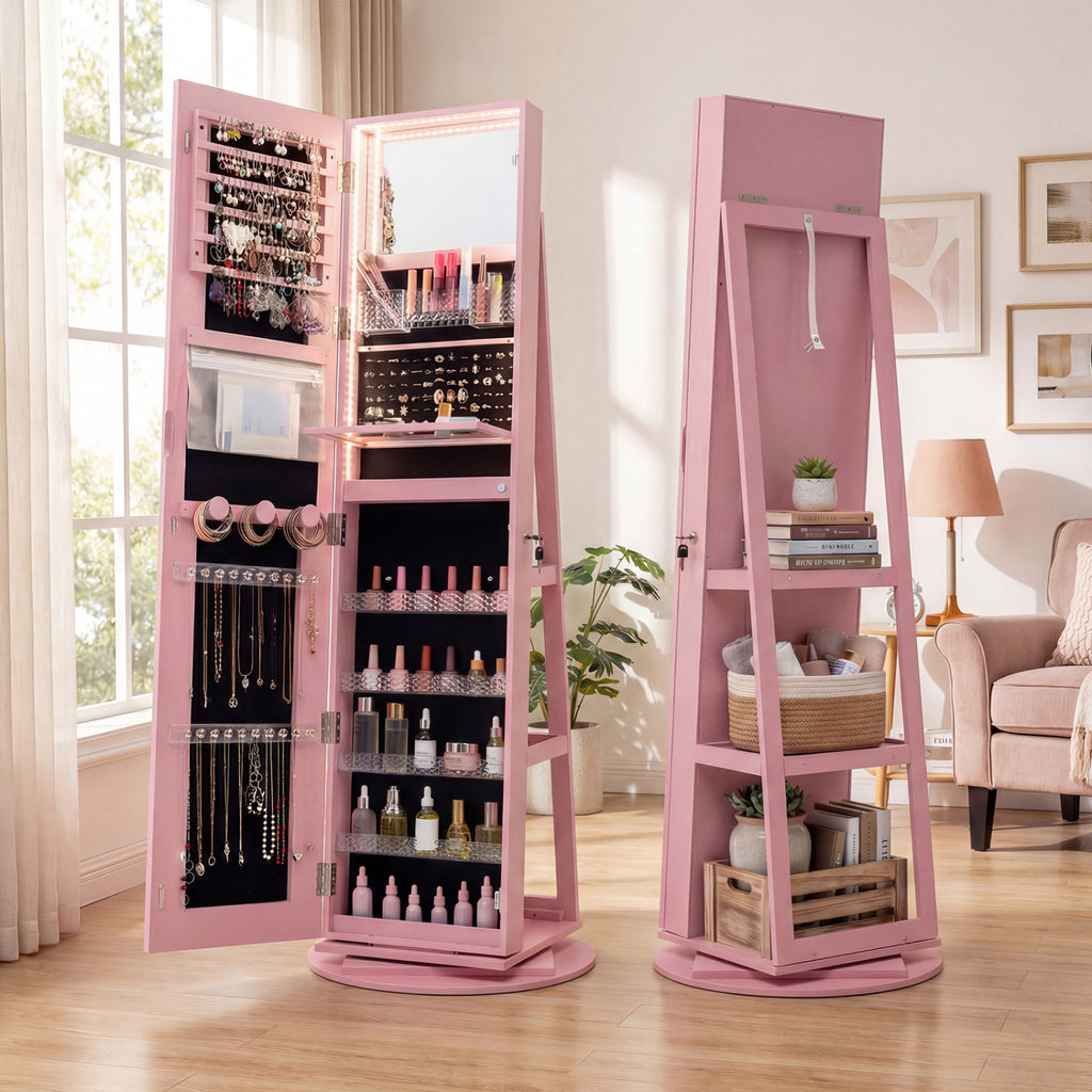 Standing Jewelry Cabinet with LED Mirror - Pink