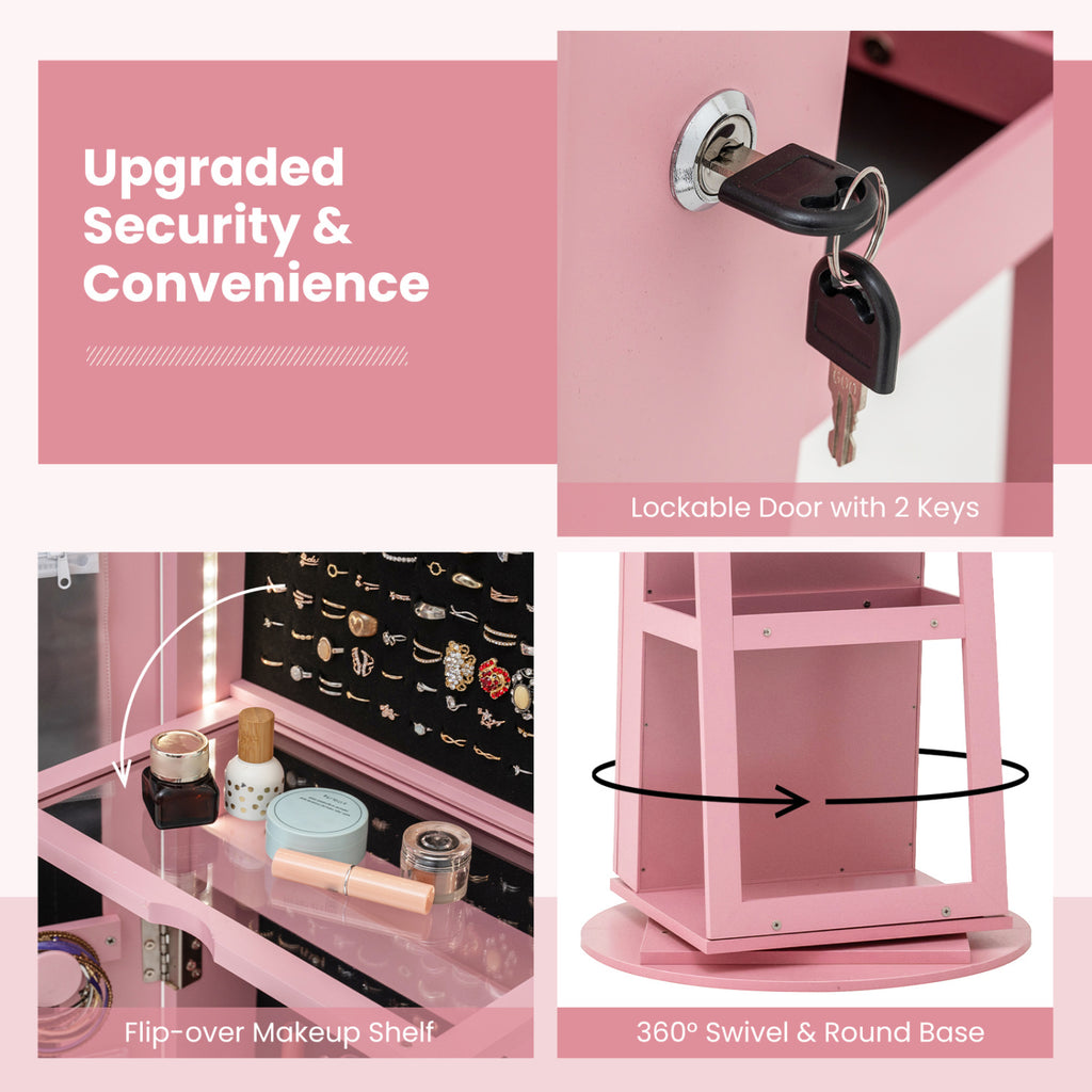 Standing Jewelry Cabinet with LED Mirror - Pink