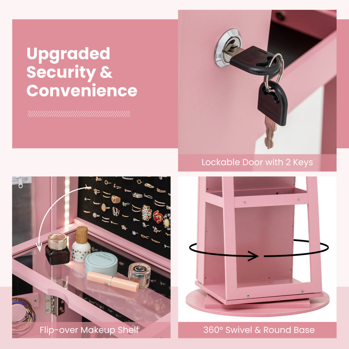 Standing Jewelry Cabinet with LED Mirror - Pink