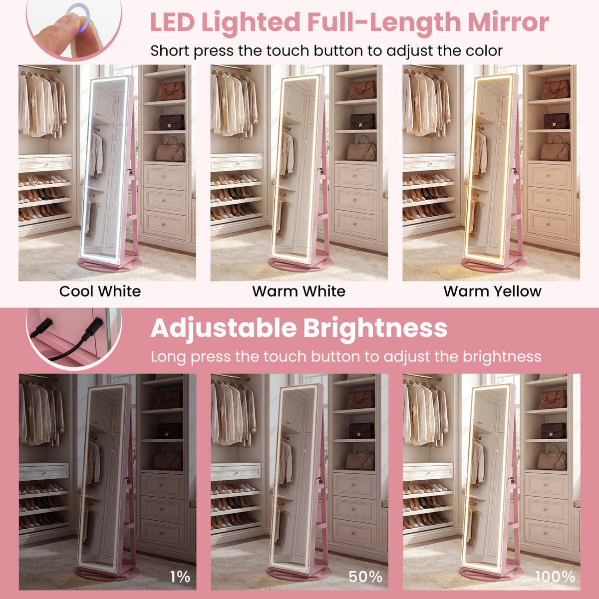 Standing Jewelry Cabinet with LED Mirror - Pink