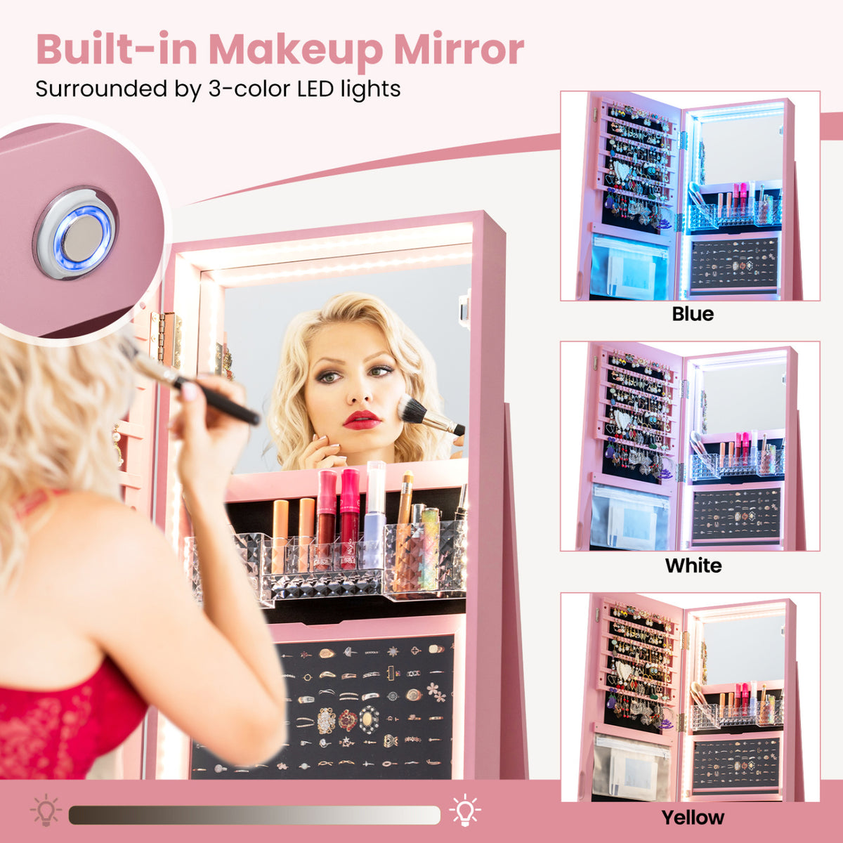 Standing Jewelry Cabinet with LED Mirror - Pink