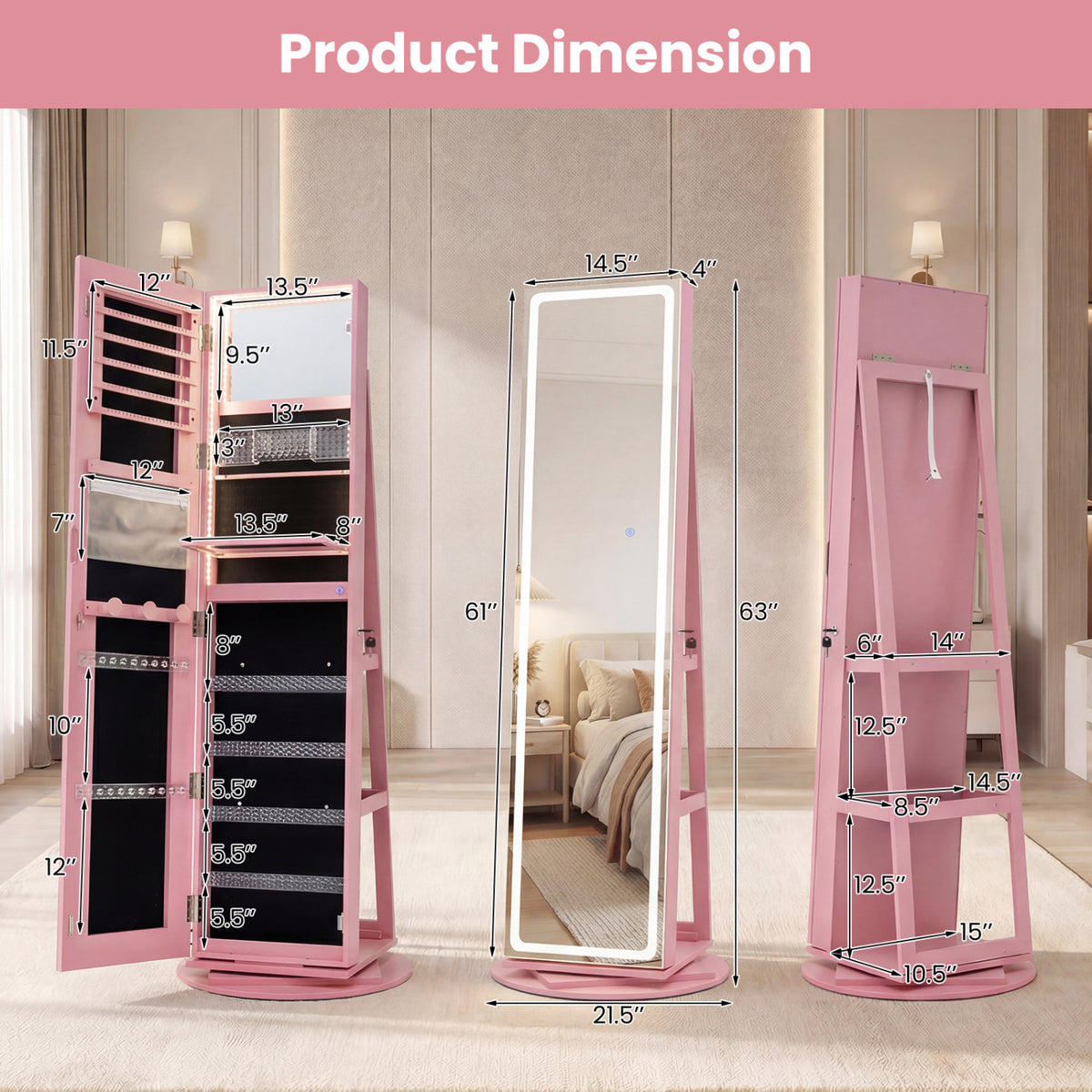 Standing Jewelry Cabinet with LED Mirror - Pink