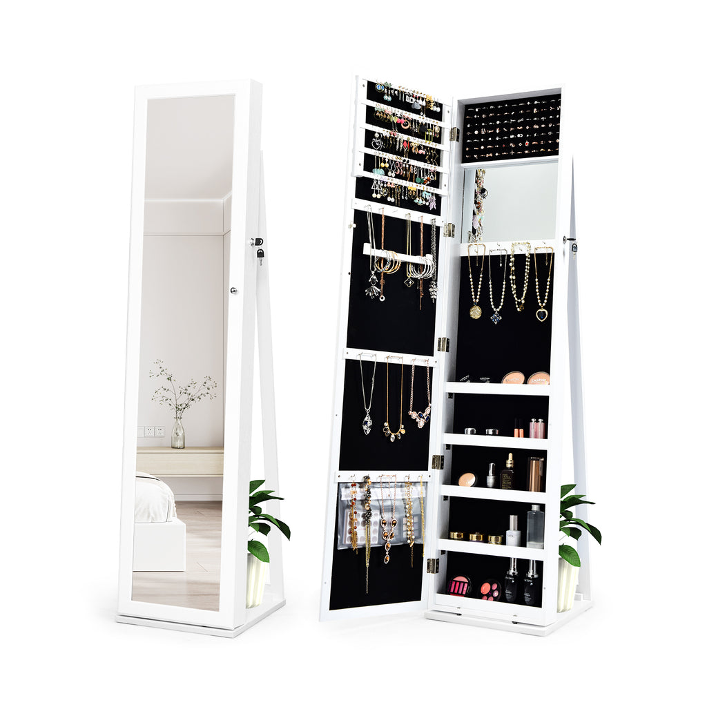 Standing Jewelry Armoire with Mirror and Lockable Storage, White