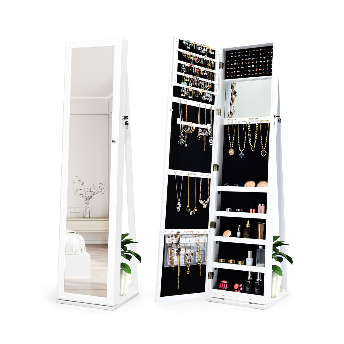Standing Jewelry Armoire with Mirror and Lockable Storage, White