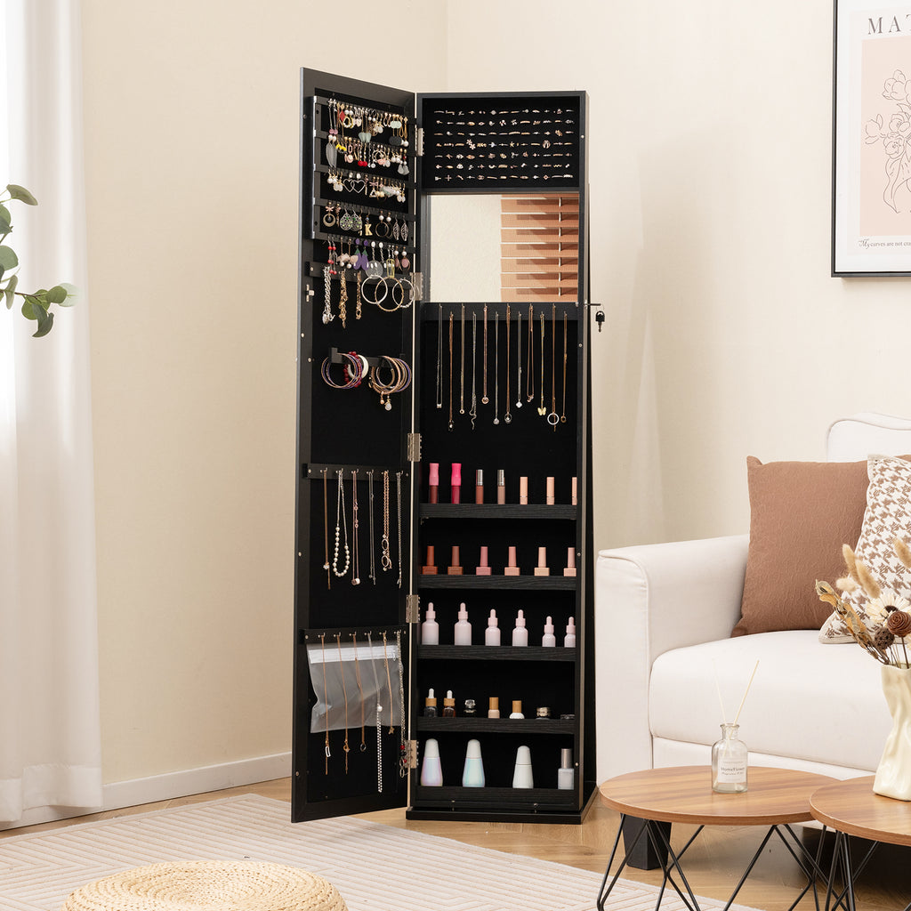 Standing Jewelry Armoire with Mirror & Lockable Storage – Black