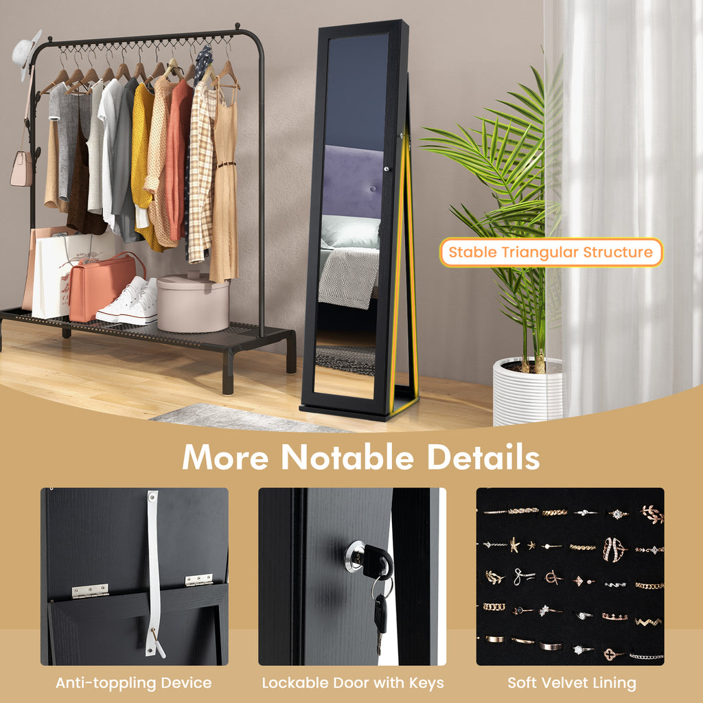 Standing Jewelry Armoire with Mirror & Lockable Storage – Black