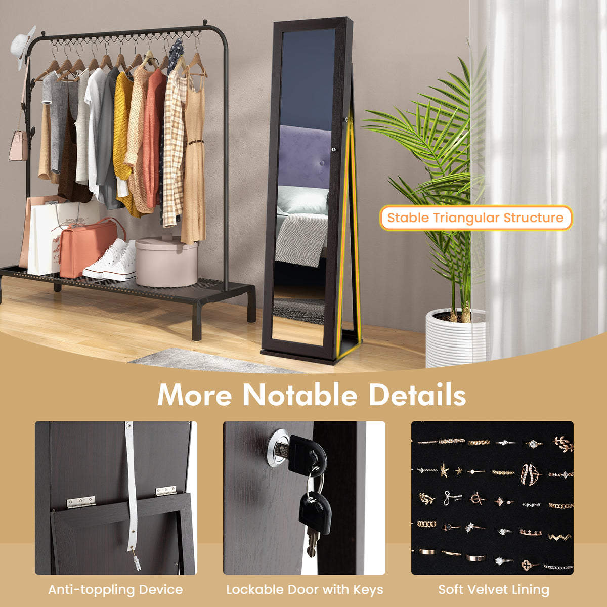 Standing Jewelry Armoire with Mirror & Lockable Storage – Black