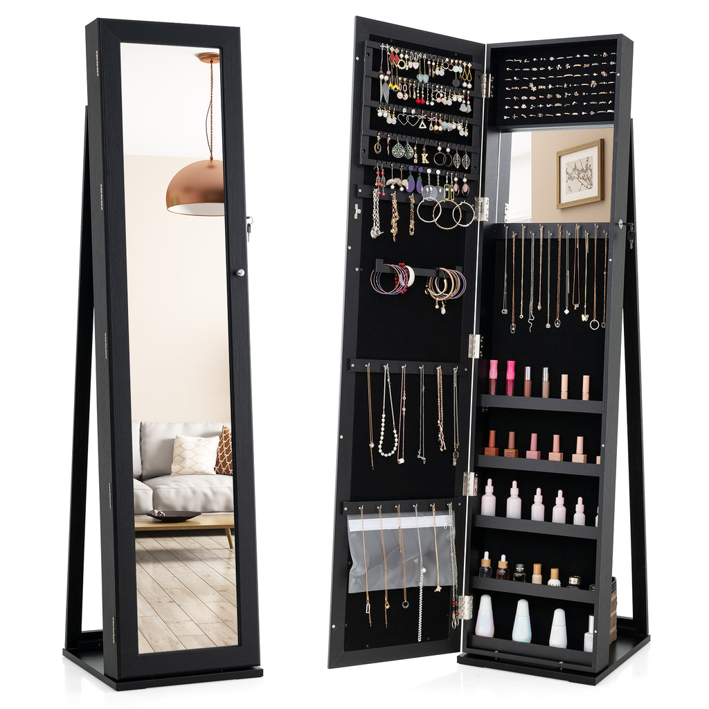Standing Jewelry Armoire with Mirror & Lockable Storage – Black