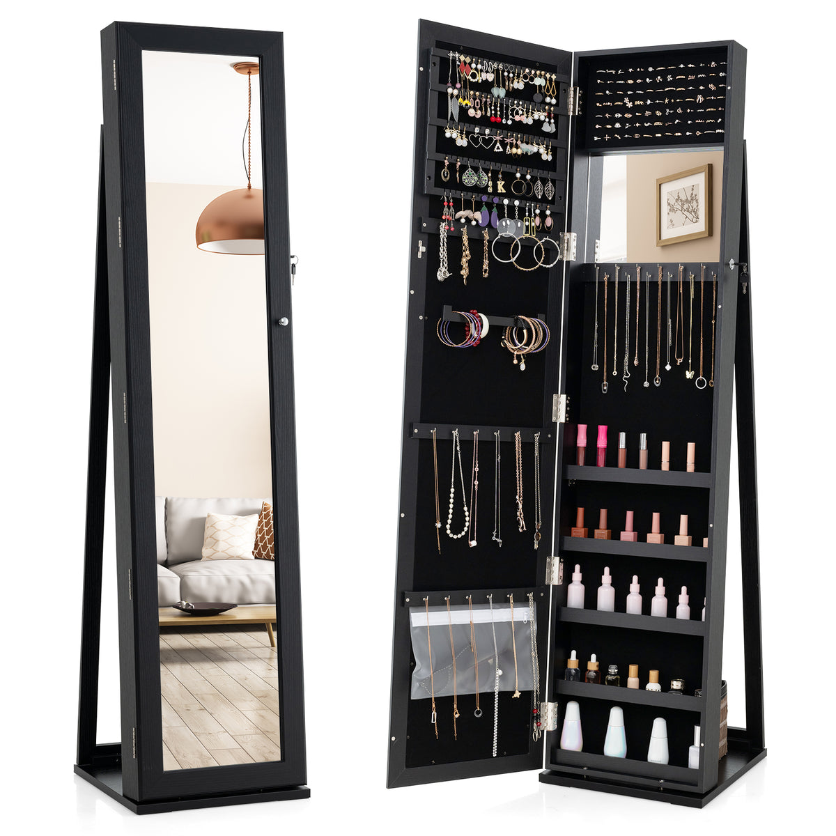 Standing Jewelry Armoire with Mirror & Lockable Storage – Black