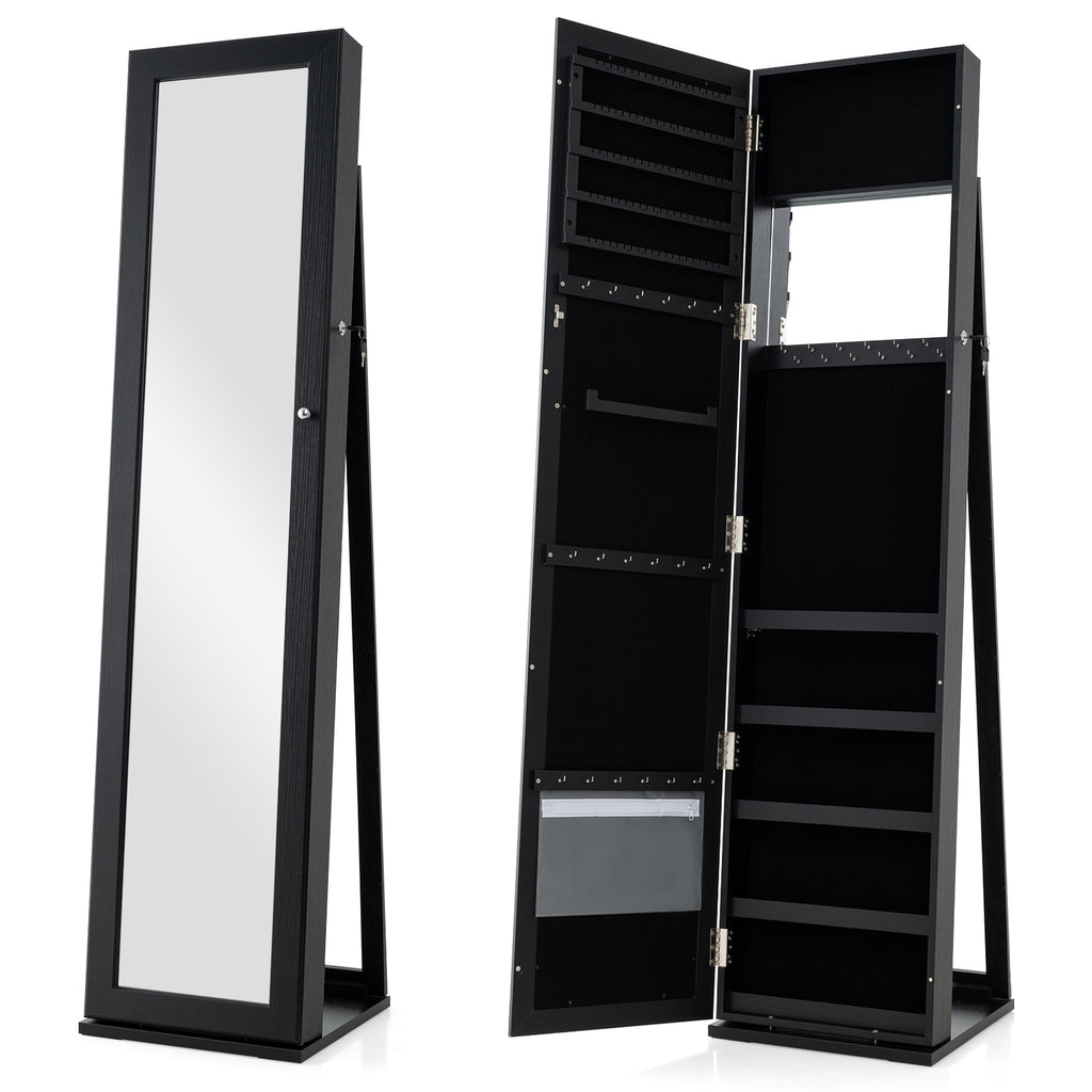 Standing Jewelry Armoire with Mirror & Lockable Storage – Black