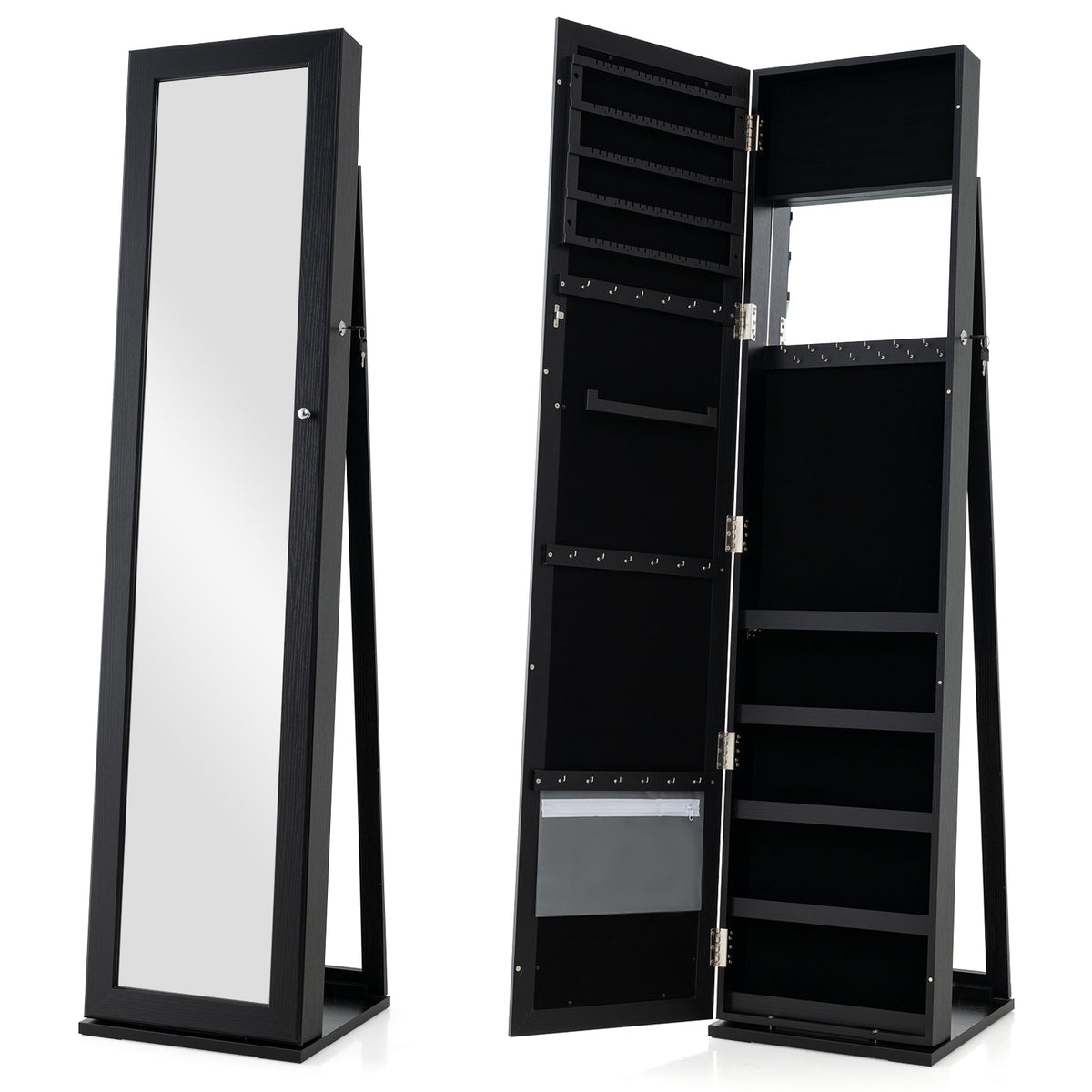 Standing Jewelry Armoire with Mirror & Lockable Storage – Black