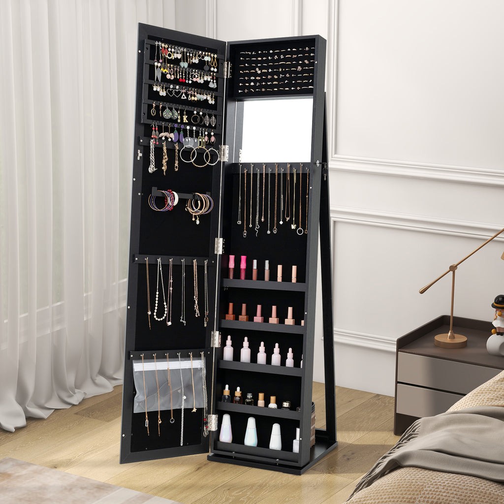 Standing Jewelry Armoire with Mirror & Lockable Storage – Black