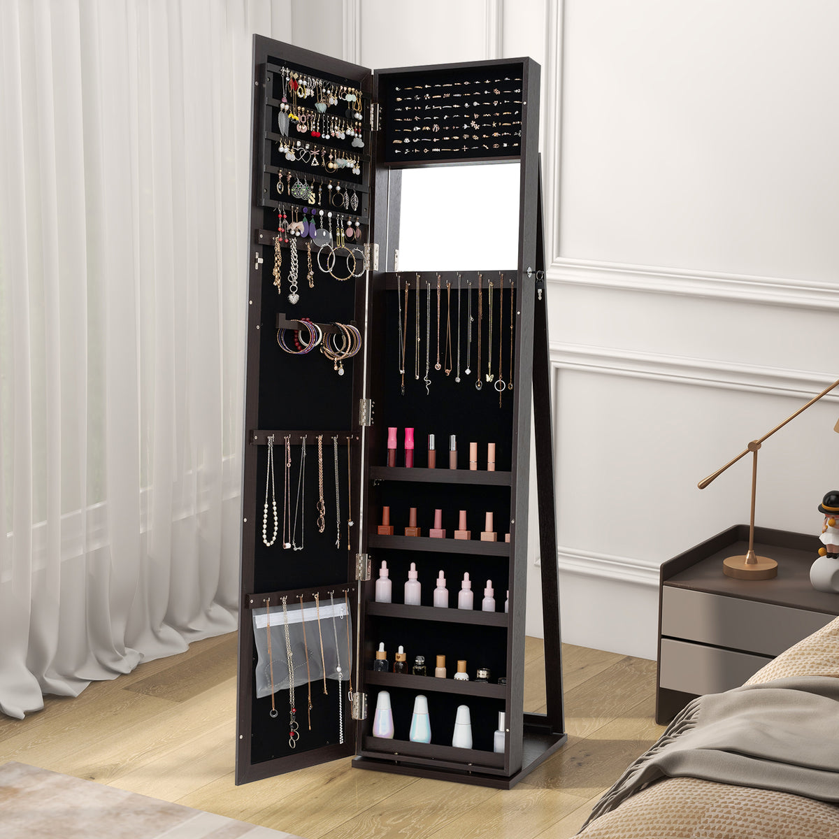 Standing Jewelry Armoire with Mirror & Lockable Storage – Black