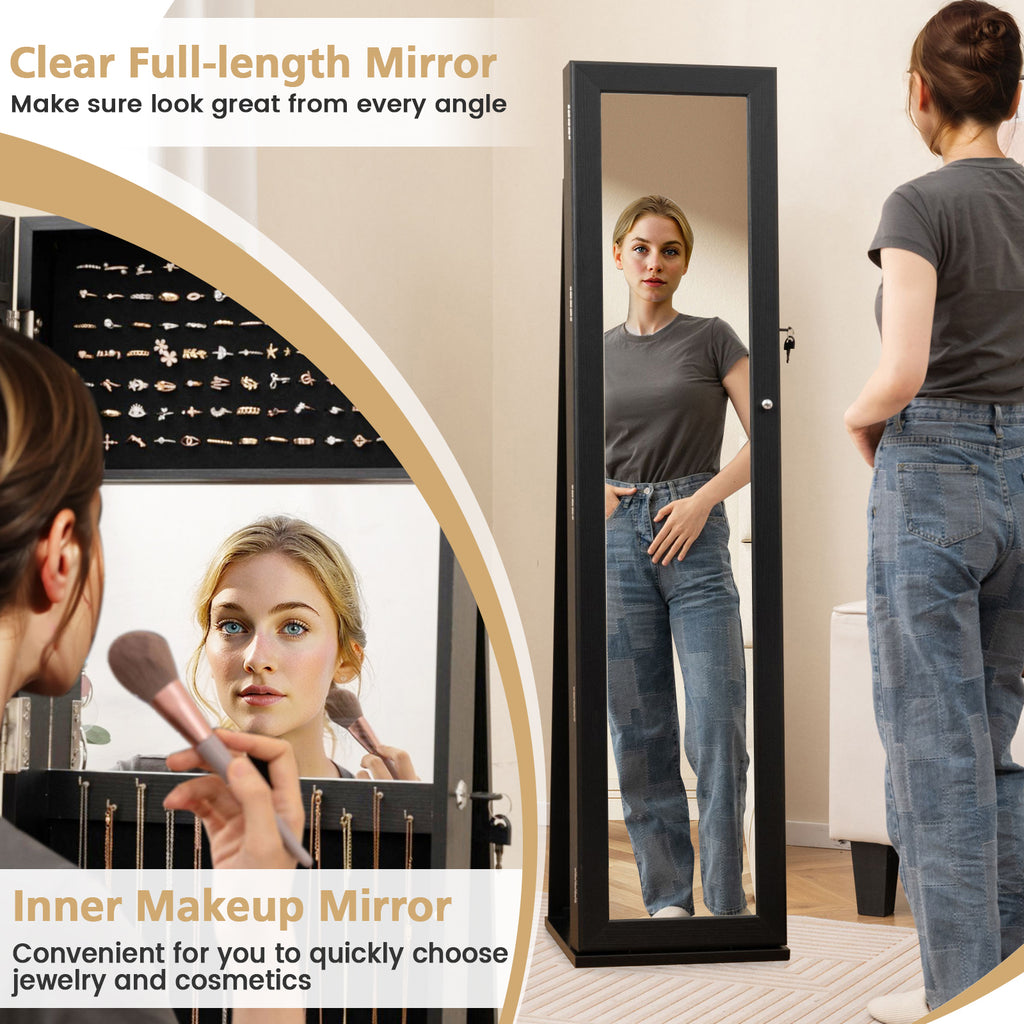 Standing Jewelry Armoire with Mirror & Lockable Storage – Black