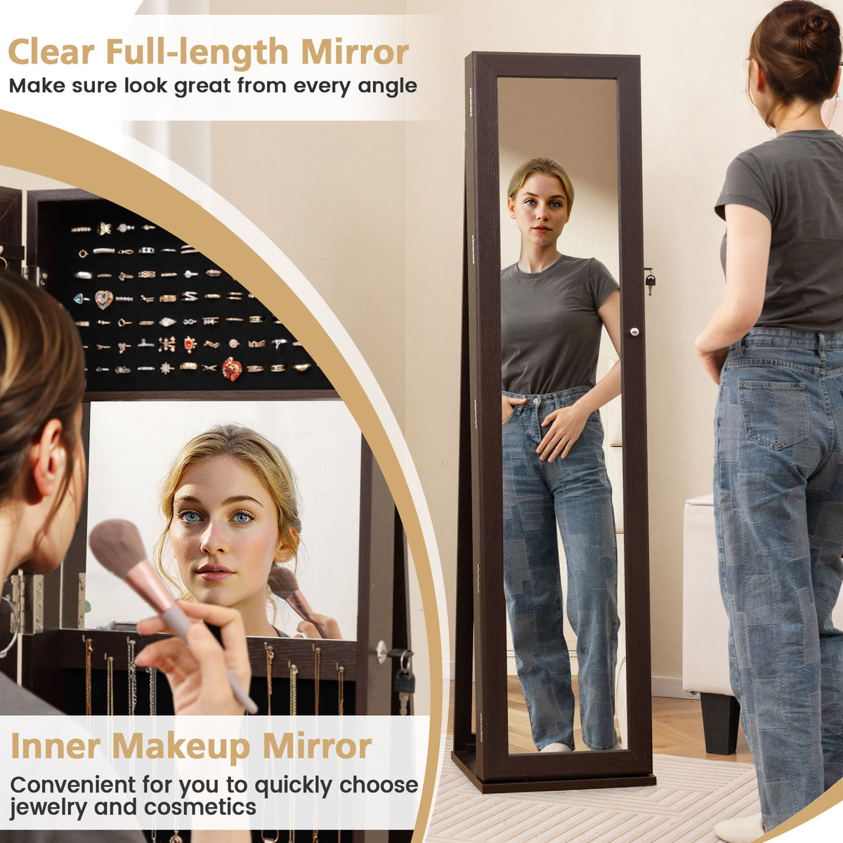 Standing Jewelry Armoire with Mirror & Lock - Coffee