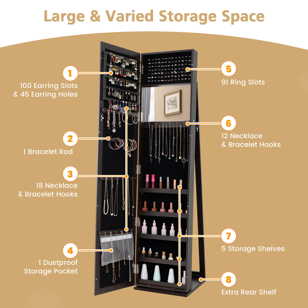 Standing Jewelry Armoire with Mirror & Lock - Coffee