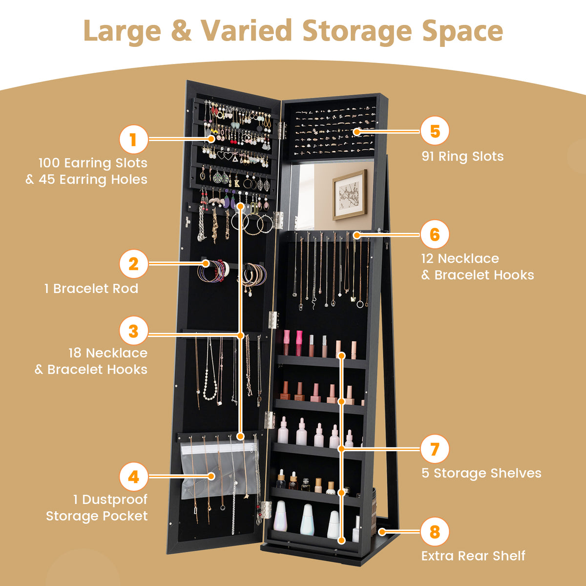 Standing Jewelry Armoire with Mirror and Lockable Storage - Black