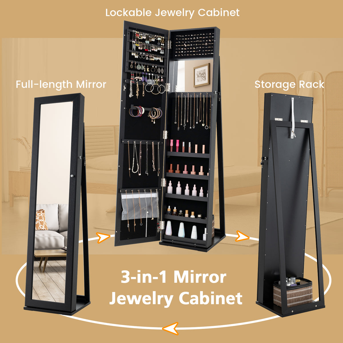 Standing Jewelry Armoire with Mirror & Lockable Storage – Black