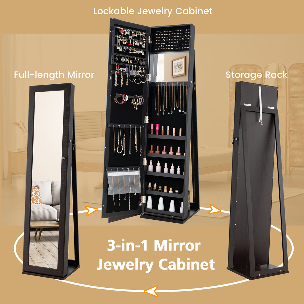 Standing Jewelry Armoire with Mirror & Lock - Coffee