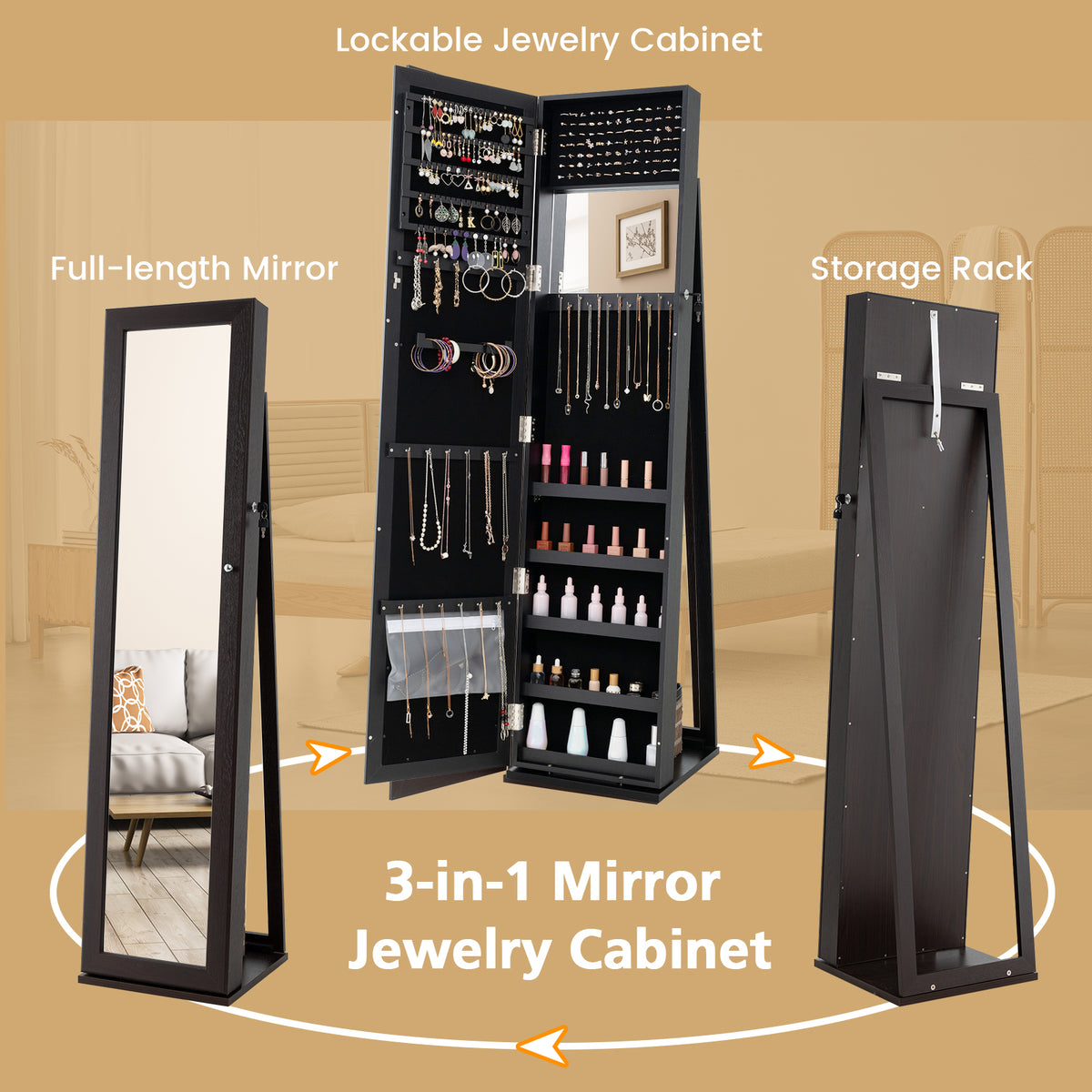 Standing Jewelry Armoire with Mirror & Lock - Coffee