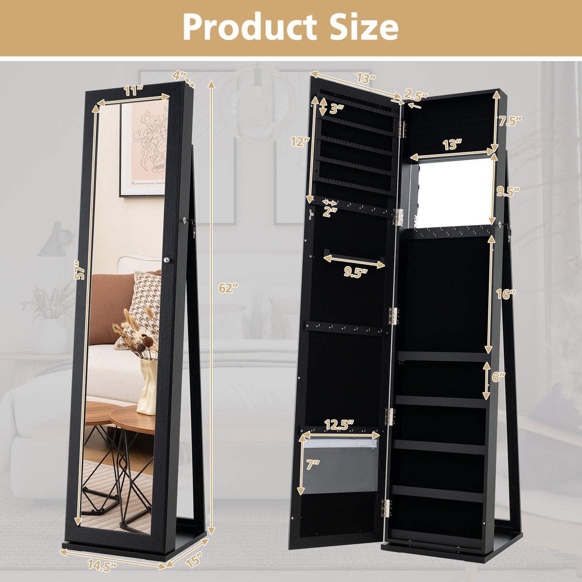Standing Jewelry Armoire with Mirror & Lockable Storage – Black