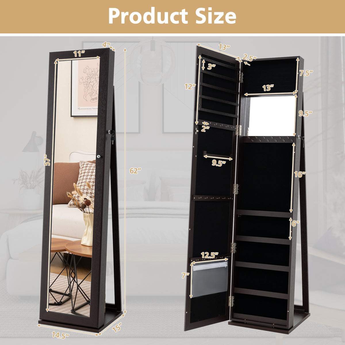 Standing Jewelry Armoire with Mirror & Lock - Coffee