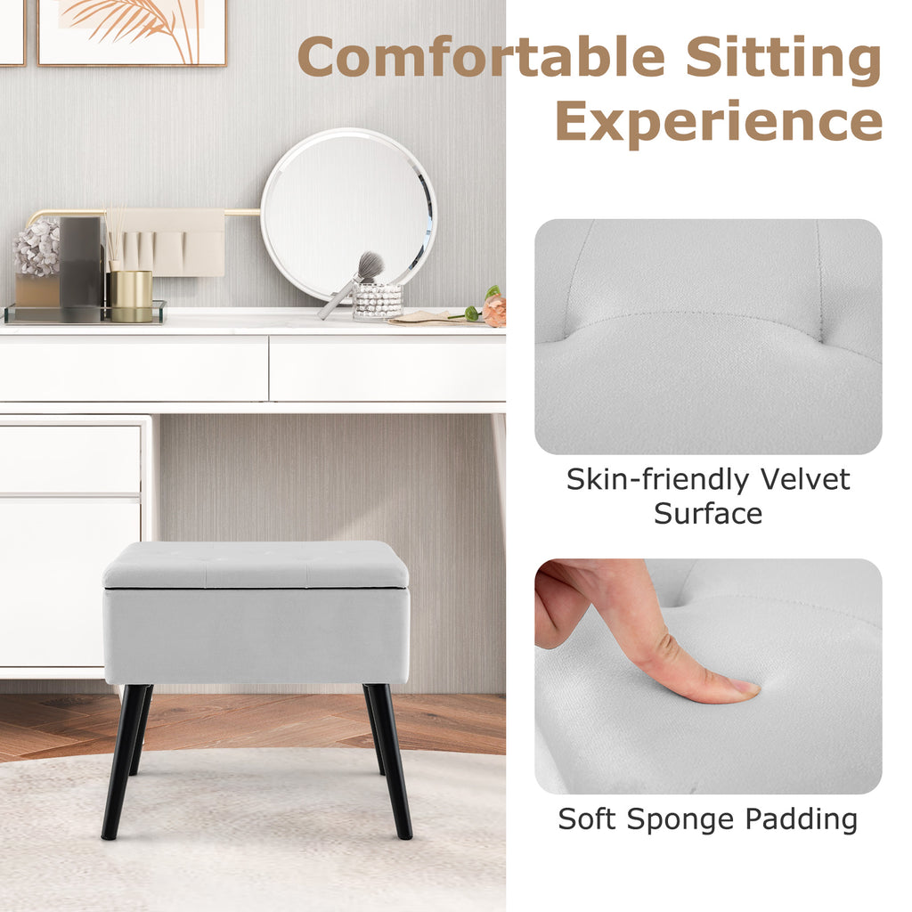 Gray Velvet Storage Ottoman with Wood Legs