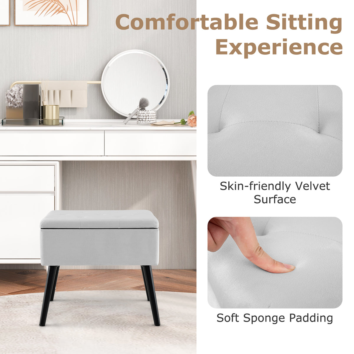 Gray Velvet Storage Ottoman with Wood Legs