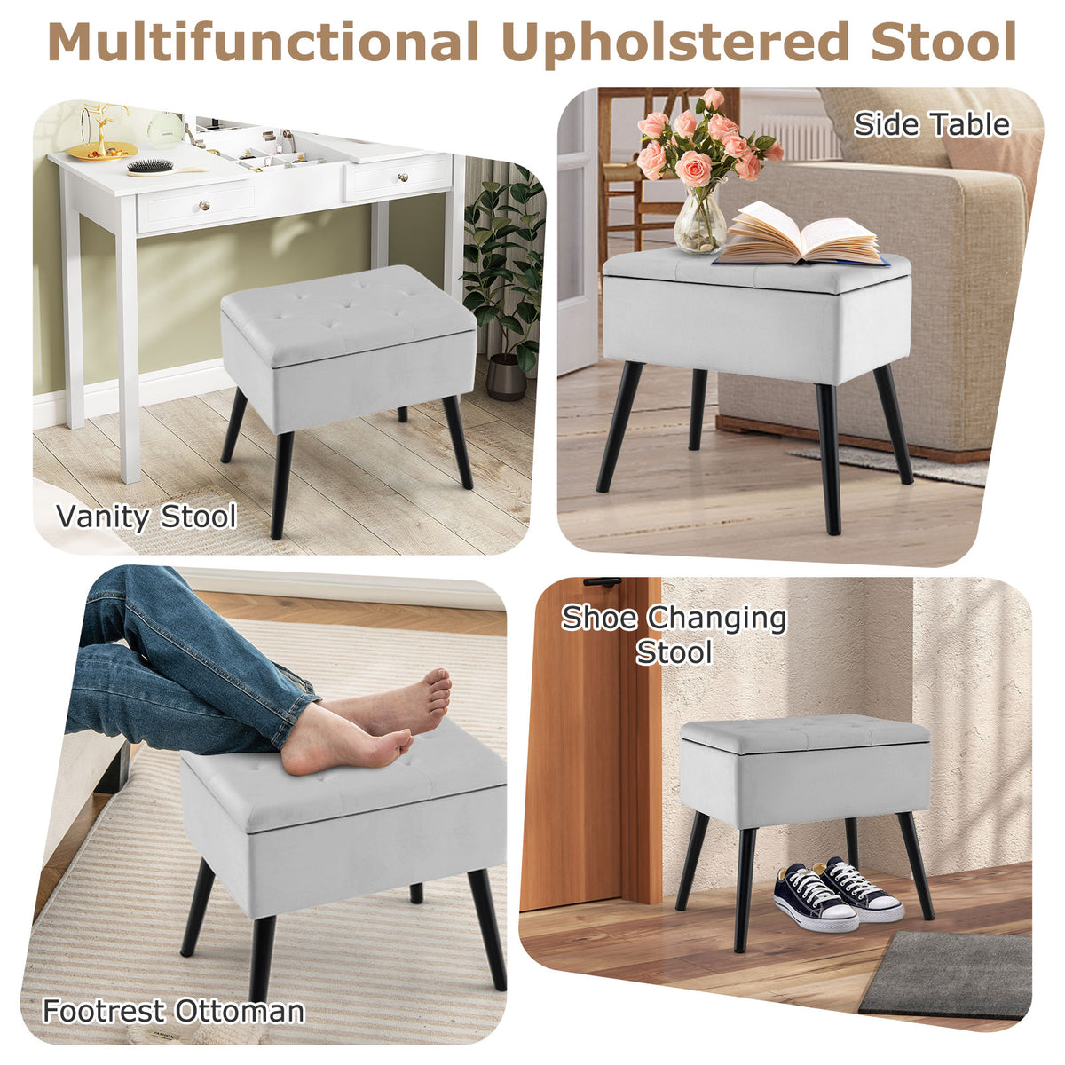Gray Velvet Storage Ottoman with Wood Legs