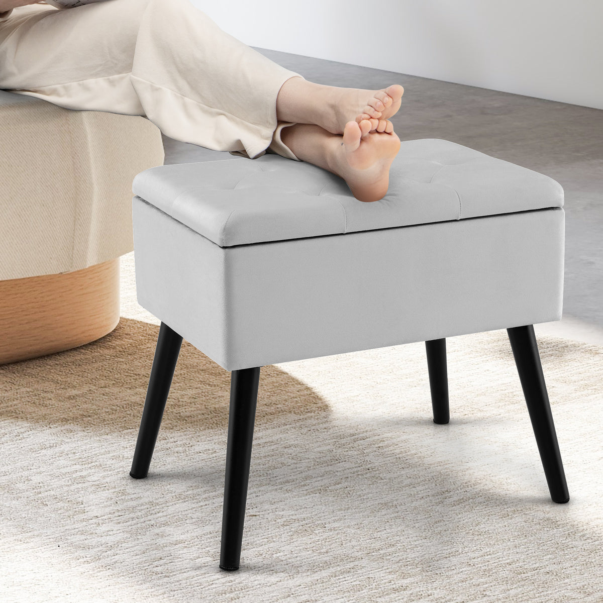 Gray Velvet Storage Ottoman with Wood Legs