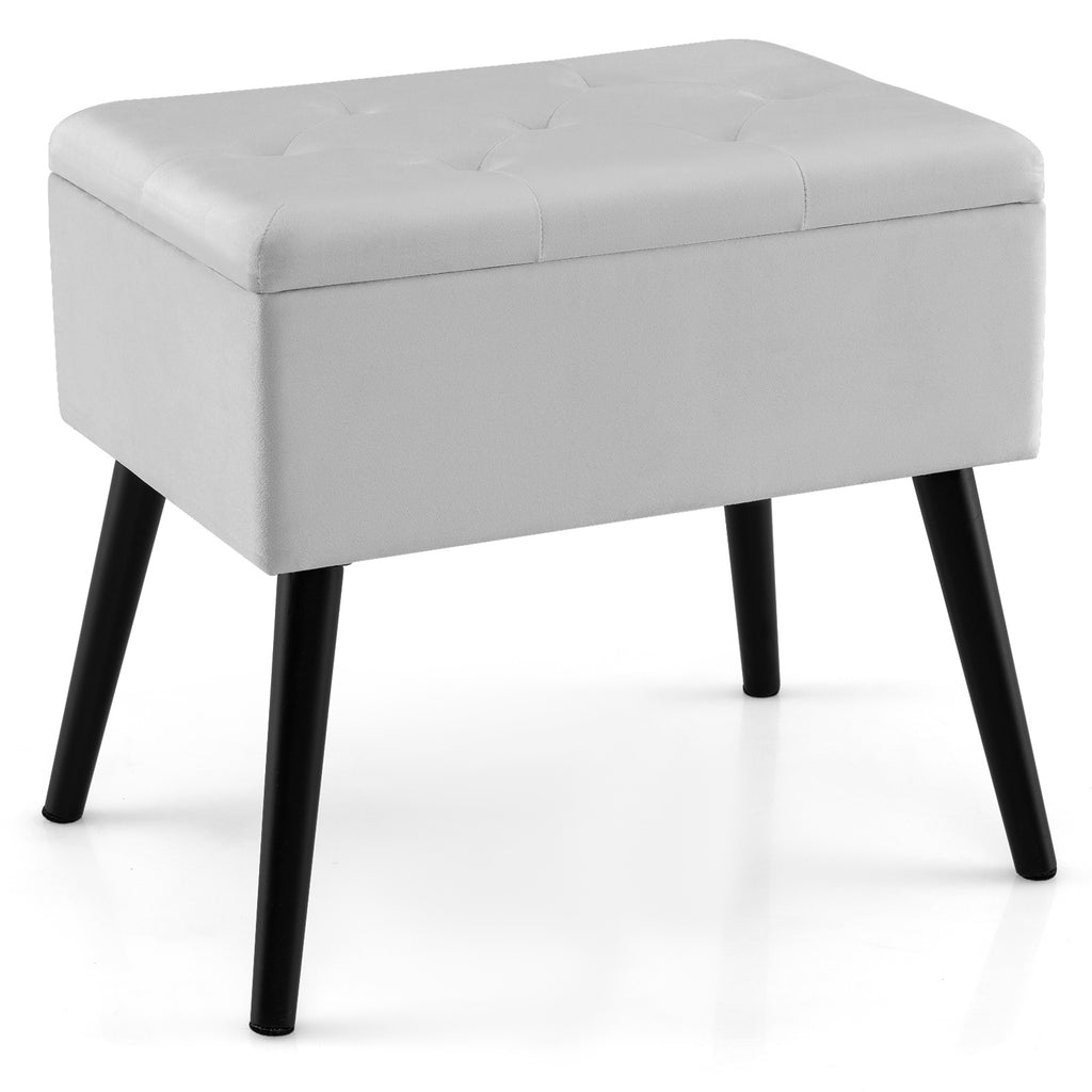 Gray Velvet Storage Ottoman with Wood Legs