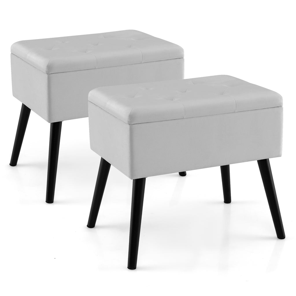Gray Velvet Storage Ottoman with Wood Legs