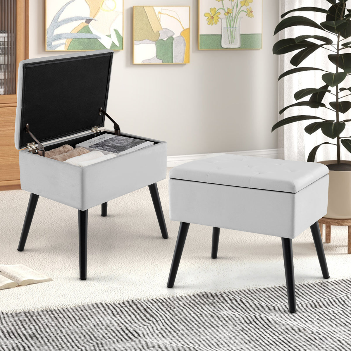 Gray Velvet Storage Ottoman with Wood Legs