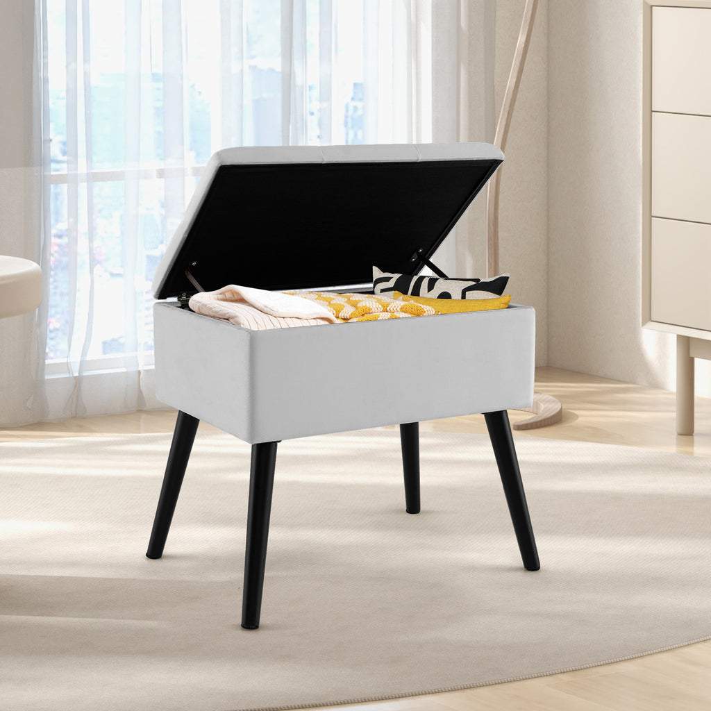 Gray Velvet Storage Ottoman with Wood Legs