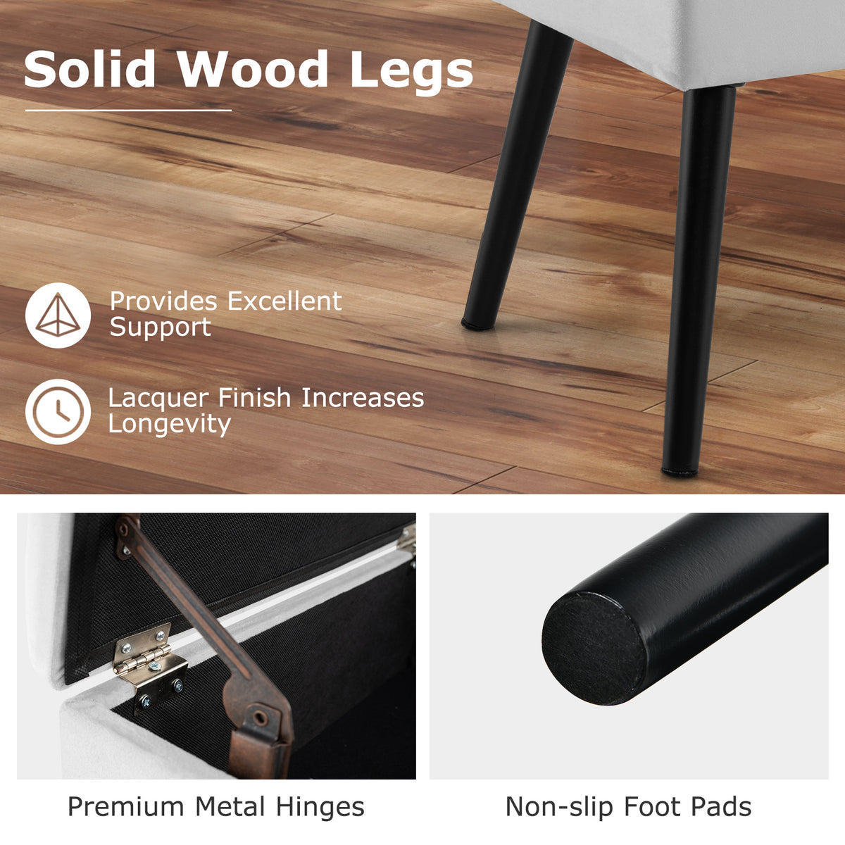 Gray Velvet Storage Ottoman with Wood Legs