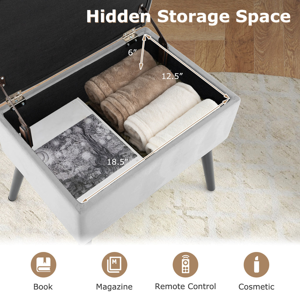 Gray Velvet Storage Ottoman with Wood Legs