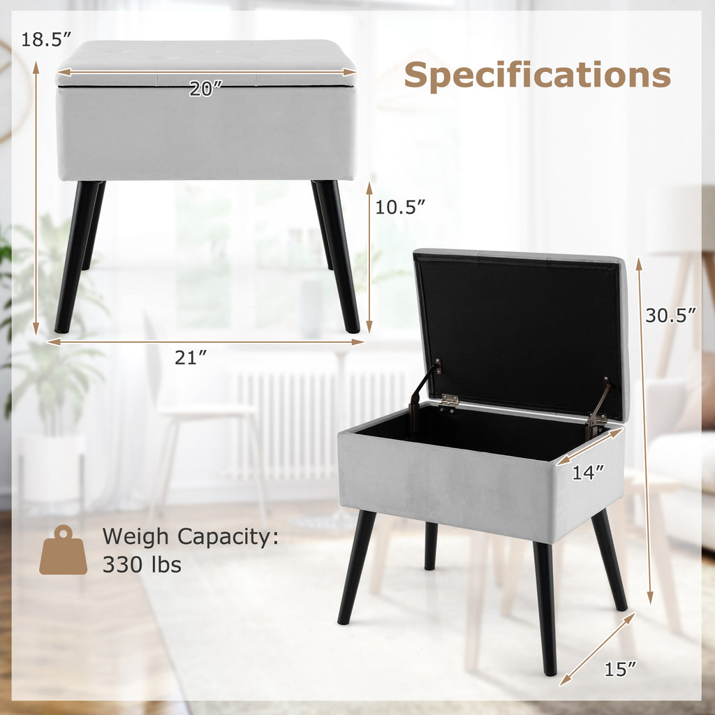 Gray Velvet Storage Ottoman with Wood Legs
