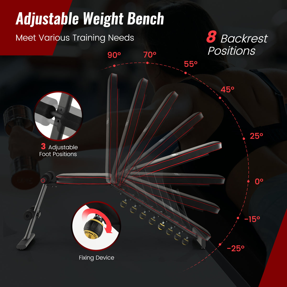 8-Position Adjustable Weight Bench for Full Body Workout - Black